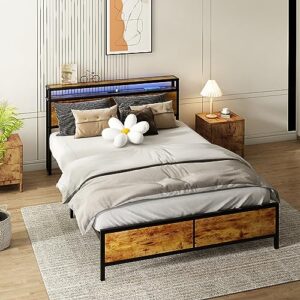 HoldoLife Queen Size Bed Frame with LED Lights and 2 USB Ports, Industrial Platform Bed with Storage Headboard, Non-Slip Noise Free Bed Frame, Rustic Brown, Easy Assembly (Queen)