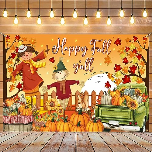 Fall Y'all Backdrop Happy Fall Y'all Decorations,Large Polyester Scarecrow Fall Leaves Fall Backdrops Banner for Photography Thanksgiving Decorations Fall Party Supplies