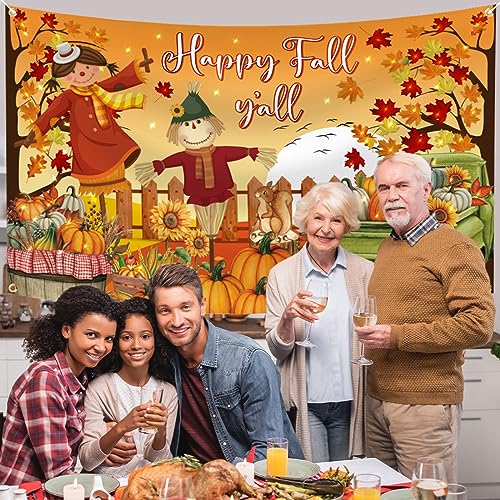 Fall Y'all Backdrop Happy Fall Y'all Decorations,Large Polyester Scarecrow Fall Leaves Fall Backdrops Banner for Photography Thanksgiving Decorations Fall Party Supplies