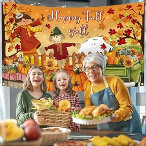 Fall Y'all Backdrop Happy Fall Y'all Decorations,Large Polyester Scarecrow Fall Leaves Fall Backdrops Banner for Photography Thanksgiving Decorations Fall Party Supplies