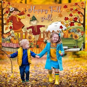 Fall Y'all Backdrop Happy Fall Y'all Decorations,Large Polyester Scarecrow Fall Leaves Fall Backdrops Banner for Photography Thanksgiving Decorations Fall Party Supplies