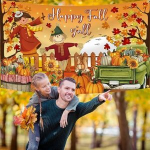 Fall Y'all Backdrop Happy Fall Y'all Decorations,Large Polyester Scarecrow Fall Leaves Fall Backdrops Banner for Photography Thanksgiving Decorations Fall Party Supplies