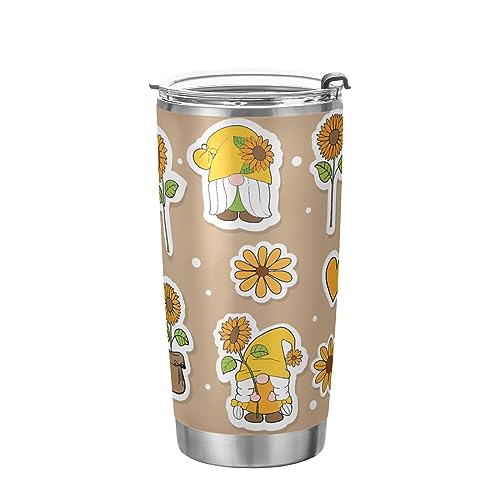 Jihqo Sunflowers Gnome Tumbler with Lid and Straw, Insulated Stainless Steel Tumbler Cup, Double Walled Travel Coffee Mug Thermal Vacuum Cups for Hot & Cold Drinks 20oz