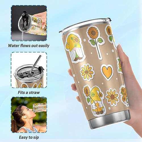 Jihqo Sunflowers Gnome Tumbler with Lid and Straw, Insulated Stainless Steel Tumbler Cup, Double Walled Travel Coffee Mug Thermal Vacuum Cups for Hot & Cold Drinks 20oz