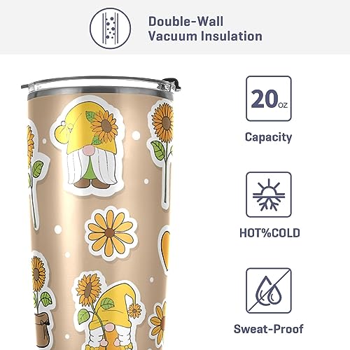 Jihqo Sunflowers Gnome Tumbler with Lid and Straw, Insulated Stainless Steel Tumbler Cup, Double Walled Travel Coffee Mug Thermal Vacuum Cups for Hot & Cold Drinks 20oz