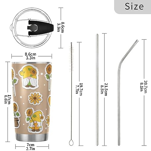 Jihqo Sunflowers Gnome Tumbler with Lid and Straw, Insulated Stainless Steel Tumbler Cup, Double Walled Travel Coffee Mug Thermal Vacuum Cups for Hot & Cold Drinks 20oz