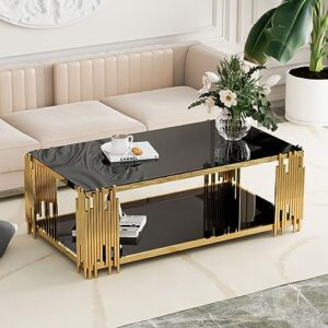 glass coffee table modern living room table gold stainless steel metal leg rectangular black tempered glass center table for home office(black, coffee table)