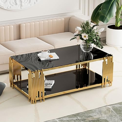 Glass Coffee Table Modern Living Room Table Gold Stainless Steel Metal Leg Rectangular Black Tempered Glass Center Table for Home Office(Black, Coffee Table)