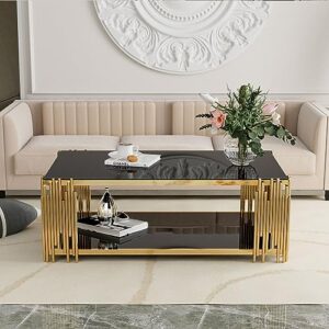 Glass Coffee Table Modern Living Room Table Gold Stainless Steel Metal Leg Rectangular Black Tempered Glass Center Table for Home Office(Black, Coffee Table)