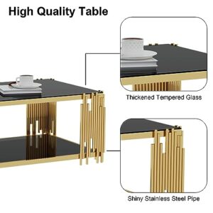 Glass Coffee Table Modern Living Room Table Gold Stainless Steel Metal Leg Rectangular Black Tempered Glass Center Table for Home Office(Black, Coffee Table)