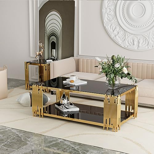 Glass Coffee Table Modern Living Room Table Gold Stainless Steel Metal Leg Rectangular Black Tempered Glass Center Table for Home Office(Black, Coffee Table)