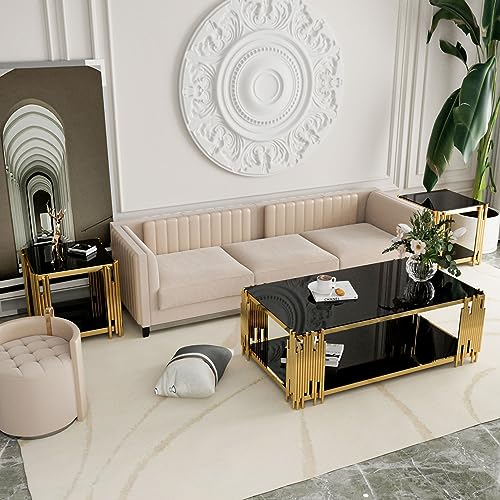 Glass Coffee Table Modern Living Room Table Gold Stainless Steel Metal Leg Rectangular Black Tempered Glass Center Table for Home Office(Black, Coffee Table)