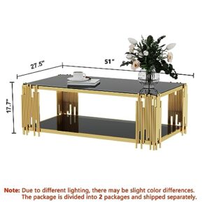 Glass Coffee Table Modern Living Room Table Gold Stainless Steel Metal Leg Rectangular Black Tempered Glass Center Table for Home Office(Black, Coffee Table)