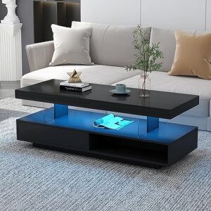 realglow LED Coffee Table with Storage, High Glossy LED Coffee Tables for Living Room, Center Table with Open Display Shelf & Sliding Drawers, (Black)