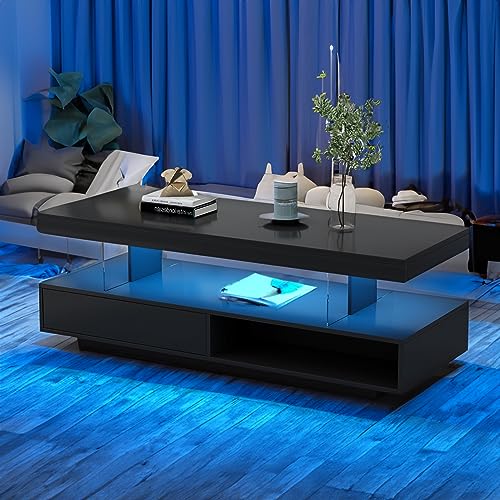 realglow LED Coffee Table with Storage, High Glossy LED Coffee Tables for Living Room, Center Table with Open Display Shelf & Sliding Drawers, (Black)