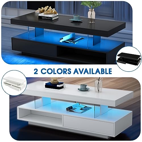 realglow LED Coffee Table with Storage, High Glossy LED Coffee Tables for Living Room, Center Table with Open Display Shelf & Sliding Drawers, (Black)