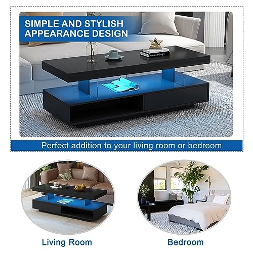 realglow LED Coffee Table with Storage, High Glossy LED Coffee Tables for Living Room, Center Table with Open Display Shelf & Sliding Drawers, (Black)