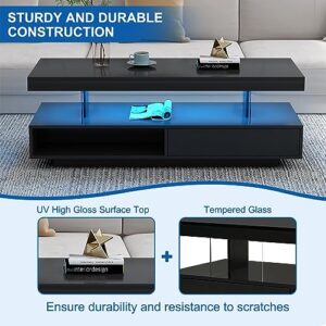 realglow LED Coffee Table with Storage, High Glossy LED Coffee Tables for Living Room, Center Table with Open Display Shelf & Sliding Drawers, (Black)