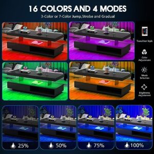 realglow LED Coffee Table with Storage, High Glossy LED Coffee Tables for Living Room, Center Table with Open Display Shelf & Sliding Drawers, (Black)