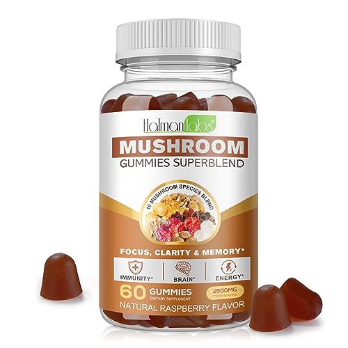 JYHSGD Super Mushroom Gummies for Adults, 10 Blend Mushroom Complex for Focus, Energy and Anxiety, Nootropic Brain Supplements, Boost Immunity, Shitake, Reishi, Turkey-Tail, Chaga, 60pcs