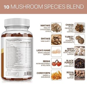 JYHSGD Super Mushroom Gummies for Adults, 10 Blend Mushroom Complex for Focus, Energy and Anxiety, Nootropic Brain Supplements, Boost Immunity, Shitake, Reishi, Turkey-Tail, Chaga, 60pcs