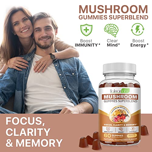 JYHSGD Super Mushroom Gummies for Adults, 10 Blend Mushroom Complex for Focus, Energy and Anxiety, Nootropic Brain Supplements, Boost Immunity, Shitake, Reishi, Turkey-Tail, Chaga, 60pcs