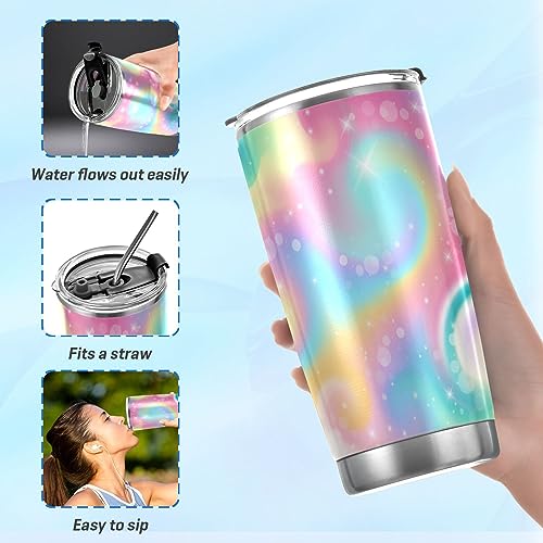 Jihqo Multicolor Rainbow Galaxy Tumbler with Lid and Straw, Insulated Stainless Steel Tumbler Cup, Double Walled Travel Coffee Mug Thermal Vacuum Cups for Hot & Cold Drinks 20oz