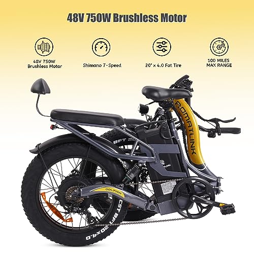 20"x4.0" Fat Tires Folding Ebike, 750W Brushless Gear Motor 48V 30AH Samsung Cell Battery Electric Bike for Adults, 28MPH Max Speed 100Miles Range Electric Mountain Bike (Black&Red 1)
