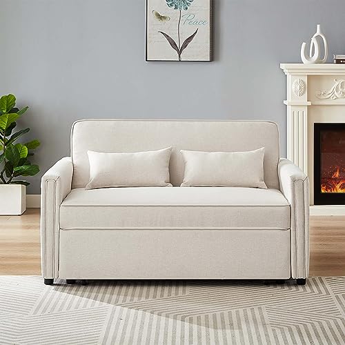 Antetek Sleeper Sofa Couch Bed, 54" Modern Linen 3 in 1 Convertible Loveseat Sleeper with Pullout Bed, Small Love seat Futon Sofa w/Adjustable Backrest for Living Room Bedroom, Ivory