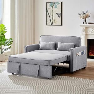 antetek sleeper sofa couch bed, 54" modern linen 3 in 1 convertible loveseat sleeper with pullout bed, small love seat futon sofa w/adjustable backrest for living room bedroom, light grey