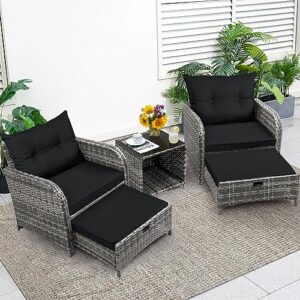 auzfy 5 pieces wicker outdoor patio chairs with ottoman, pe wicker rattan patio conversation furniture set with underneath footrest, wicker outdoor patio chairs and ottoman set with table, black
