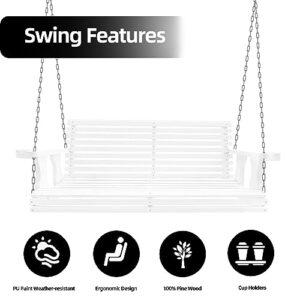 Porch Swing Outdoor, 5.5 FT Wooden Hanging Swing Bench with Cupholders and Hanging Chains Adults Heavy Duty 800lbs Capacity for Front Porch Garden Deck Patio Backyard Balcony