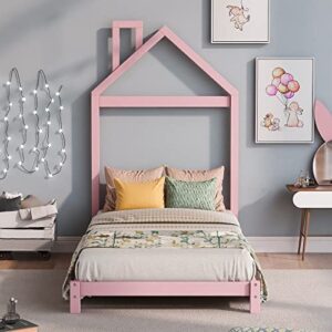 fiqhome twin size wood platform bed with house-shaped headboard,toddler floor bed with solid wood slats,twin platform bed frame for girls boys,no box spring needed(pink)