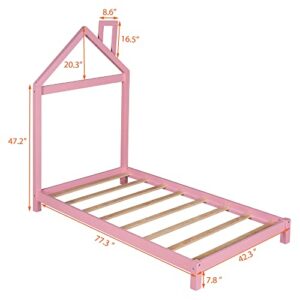 FIQHOME Twin Size Wood Platform Bed with House-Shaped Headboard,Toddler Floor Bed with Solid Wood Slats,Twin Platform Bed Frame for Girls Boys,No Box Spring Needed(Pink)