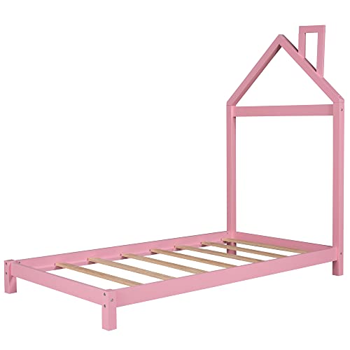 FIQHOME Twin Size Wood Platform Bed with House-Shaped Headboard,Toddler Floor Bed with Solid Wood Slats,Twin Platform Bed Frame for Girls Boys,No Box Spring Needed(Pink)