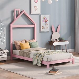 FIQHOME Twin Size Wood Platform Bed with House-Shaped Headboard,Toddler Floor Bed with Solid Wood Slats,Twin Platform Bed Frame for Girls Boys,No Box Spring Needed(Pink)