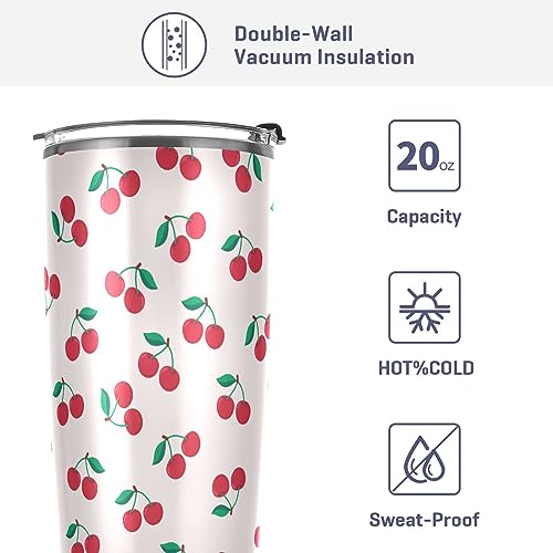 Jihqo Cute Cherry Fruit Tumbler with Lid and Straw, Insulated Stainless Steel Tumbler Cup, Double Walled Travel Coffee Mug Thermal Vacuum Cups for Hot & Cold Drinks 12oz