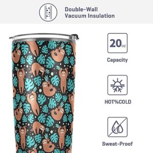 Jihqo Cute Sloths Brown Tumbler with Lid and Straw, Insulated Stainless Steel Tumbler Cup, Double Walled Travel Coffee Mug Thermal Vacuum Cups for Hot & Cold Drinks 12oz