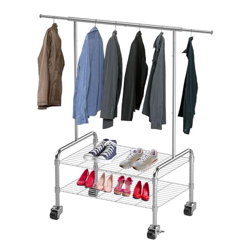 Clothes Rack, Heavy Duty Load 620lbs, Clothing Rack with Wheels Commercial Garment Rack for Hanging Clothes Rack, Portable Rolling Clothes Rack with 2 Tier Storage Shelf, Adjustable Length 40"-60"