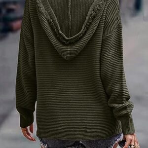 Dokotoo Fall Sweaters for Women 2023 V Neck Ribbed Knit Jumper Pullovers Solid Color Oversized Long Sleeve Drop Shoulders Hoodies Casual Frayed Edges Hooded Sweater Tops Green M