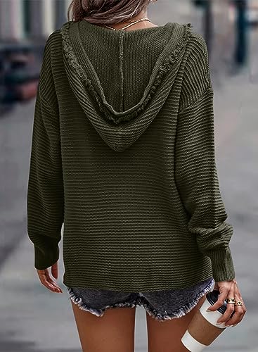 Dokotoo Fall Sweaters for Women 2023 V Neck Ribbed Knit Jumper Pullovers Solid Color Oversized Long Sleeve Drop Shoulders Hoodies Casual Frayed Edges Hooded Sweater Tops Green M