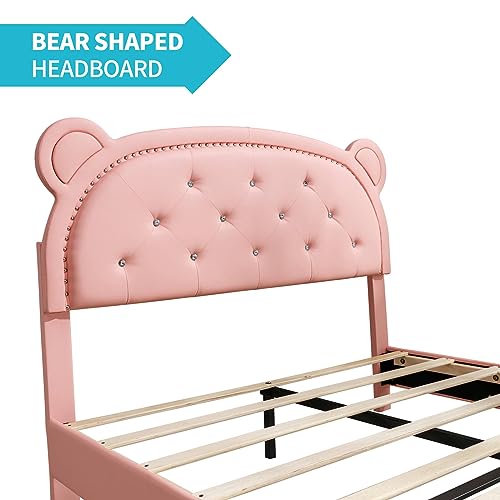 CECER Twin Bed Frames for Kids, Pink Children Platform Bed, Kid Bed Frame with Bear Shaped Headboard, Faux Leather Upholstered, Rivet Decoration, Wood Slats, No Spring Box Needed