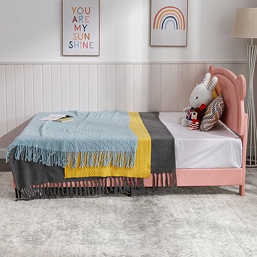 CECER Twin Bed Frames for Kids, Pink Children Platform Bed, Kid Bed Frame with Bear Shaped Headboard, Faux Leather Upholstered, Rivet Decoration, Wood Slats, No Spring Box Needed