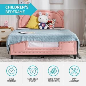 CECER Twin Bed Frames for Kids, Pink Children Platform Bed, Kid Bed Frame with Bear Shaped Headboard, Faux Leather Upholstered, Rivet Decoration, Wood Slats, No Spring Box Needed