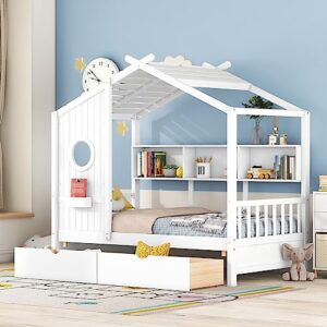 siysnksi kids house bed with 2 drawers and storage shelf, twin size daybed sofa bed frame with roof and window design, playhouse design daybed for boys girls bedroom, no box spring needed (white-g1)