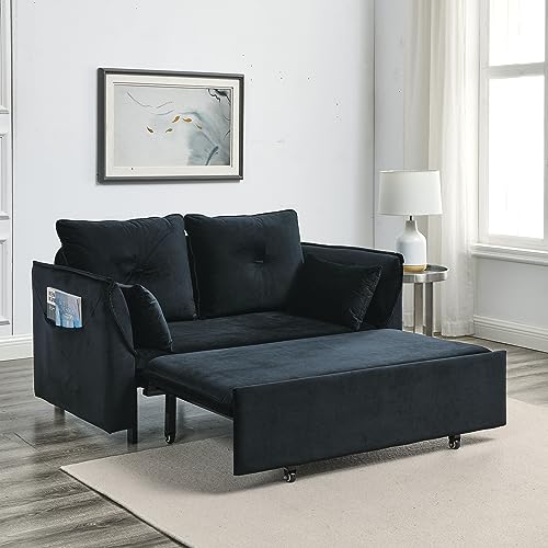 Velvet Upholstered Futon Loveseat Sofa Convertible to Sleeper Sofá Bed,Love Seat Chaise Lounge Couch Chair 2 Seaters with Detachable Arm Pockets&Pillows for Living Room Apartment Small Space