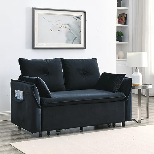 Velvet Upholstered Futon Loveseat Sofa Convertible to Sleeper Sofá Bed,Love Seat Chaise Lounge Couch Chair 2 Seaters with Detachable Arm Pockets&Pillows for Living Room Apartment Small Space