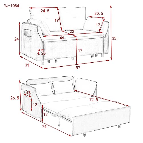 Velvet Upholstered Futon Loveseat Sofa Convertible to Sleeper Sofá Bed,Love Seat Chaise Lounge Couch Chair 2 Seaters with Detachable Arm Pockets&Pillows for Living Room Apartment Small Space