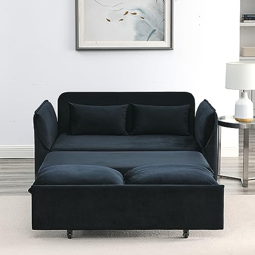 Velvet Upholstered Futon Loveseat Sofa Convertible to Sleeper Sofá Bed,Love Seat Chaise Lounge Couch Chair 2 Seaters with Detachable Arm Pockets&Pillows for Living Room Apartment Small Space