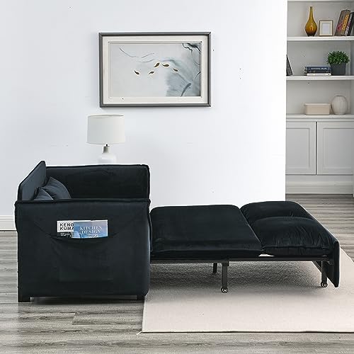 Velvet Upholstered Futon Loveseat Sofa Convertible to Sleeper Sofá Bed,Love Seat Chaise Lounge Couch Chair 2 Seaters with Detachable Arm Pockets&Pillows for Living Room Apartment Small Space